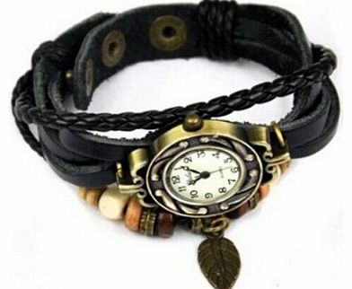 WM KING Retro Weave Wrap Around Leather Bracelet Lady Wrist Watch Quartz Watch (black)