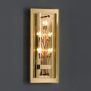 Wofi Lighting Michigan Modern Gold Coloured Wall Light With A Clear Glass Curved Shade