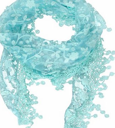 Womdee Lace Tassel Burntout Floral Print Triangle Scarf Shawl (Light Blue) With Womdee Accessory