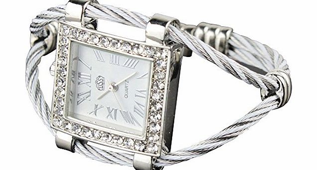 TM) Fashion Stylish Lady Women Girl Roman Numerals Dial Square Bracelet Wrist Watch-White With Womdee Accessory Necklace