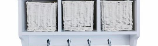Wooden 3 Basket Storage Unit with 4 Coat Hooks -