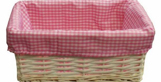  Small Wicker Storage Basket with Pink Gingham Lining, White