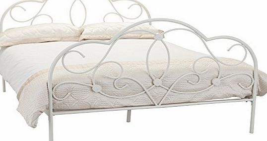 WorldStores Arabella Stone White Bed Frame and Memory Master Dream Sleepy 140 Mattress - 4FT6 Double Bed with Mattress Set - Stone White Metal Bedstead - Sprung Slats - Wrought Iron Bed Base - Memory Foam Mattres