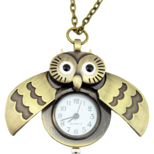 Fashion Vintage Bronze Style Owl Pendants Long Chain Necklace Watch