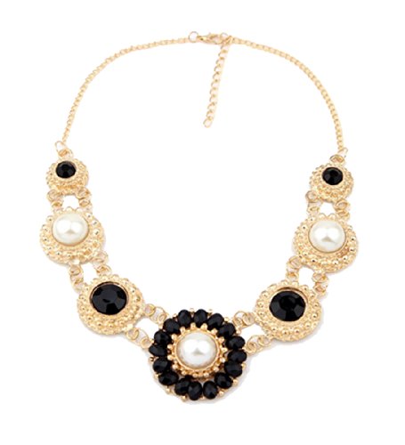 Bohemian Style Vintage Inlaid Pearl Crystal Diamonds Statement Chunky Chain Collar Choker Necklace Pendant Jewellery (Black)