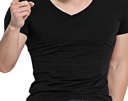WOW CLOTHES Summer Mens Solid Short Sleeve V Neck Casual Sports T-shirts (L, Black)