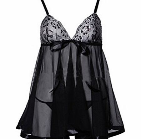 WOW Sexy Lingerie Underwear Set Lace Corset Babydoll Sheer Nightwear Sleepwear Dress UK 8/10/12/14/16 (M, Black)