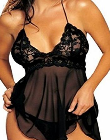 Sexy Womens Halterneck Sheer Lace Nightdress Babydoll Lingerie Sets With G-String (M, Black)
