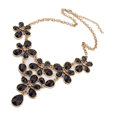 WOW Women Girls Vintage Bejeweled Flower Pendants Bib Statement Chunky Chain Collar Costume Party Necklace (Black)