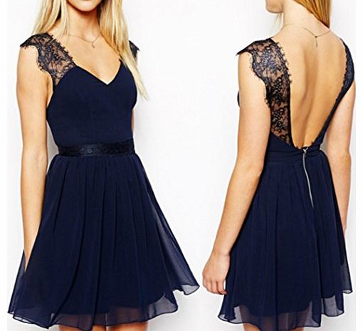 Women Sexy Sleeveless Deep V-neck Backless Lace Casual Chiffon Dress Club Evening Cocktail Party (M, Navy Blue)