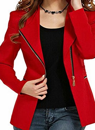 WOW Womens Long Sleeve Slim Zipper Pocket Blazer Suit Jacket Coat Outwear (L, Wine Red)