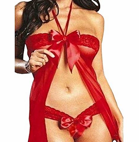 WOW Womens Sexy Lingerie Set Lace Sheer Halterneck Bowknot Nightdress with G-string (One Free Size, Red)