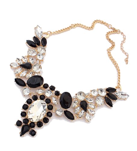 WOW Womens Vintage Fashion Candy Color Alloy Cystal Flower Pendant Golden Chunky Chain Choker Statement Necklace (Black)