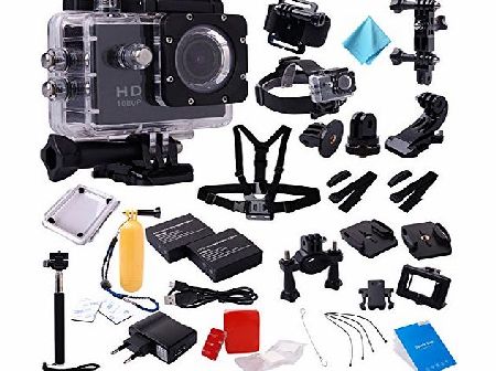 Black Waterproof 1.5`` LCD Car Outdoor Sports DVR FHD 1080P 12MP Sport Action Digital Camera Camcorder + Accessories Super Kit + 2X Extra Battery Black LF555