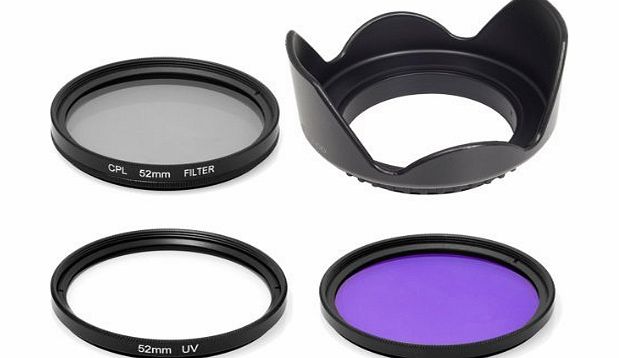 Lens Hood + UV + CPL + FLD Filter for Nikon Panasonic Lumix D7100 D7000 D5200 D5100 D3200 D3100 D3000 D90 Or for Canon 70D 60D 700D 650D 1100D 1000D 600D 50D 550D (52mm)
