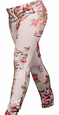 Womens Denim Look One Size Jeggings White Fashion Flowers
