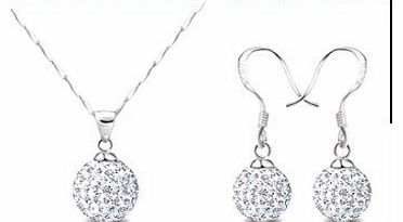 Beautiful 925 Womens Crystal solid Silver Disco Ball Friendship NECKLACE AND STUD EARRING SET 10mm