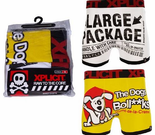 Xplicit Dog Pack Mens Twin Pack Funny Novelty Boxer Shorts Yellow/White M