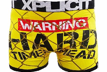 Xplicit Mens Designer Warning Hard Times Novelty Funny Shorts Boxer Trunks (XL, YELLOW)