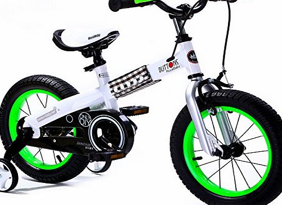 R BABY 16`` BUTTONS FREESTYLE BMX KIDS BIKE IN COLOUR WHITE FRAME-GREEN RIM + free heavy duty adjustable removable stabilisers. (WHITE FRAME-GREEN RIM, BUTTON-16``)
