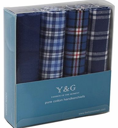 MH1001 Pretty Designer 4 Pack Cotton Handkerchiefs Mens Whih Gift Box Blue Handmade Contemporary Set By Y&G