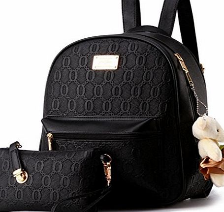 YAAGLE Emboss PU Leather Casual College Shoulder Women Girls Bag With Bear Decorations Backpack Handbag,2pcs