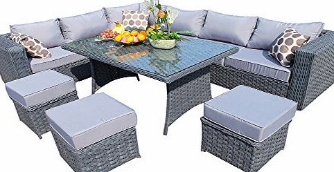 YAKOE 50005 papaver-1-5 144 x 84 x 68 cm 9 Seater Papaver Range Rattan Garden Furniture Corner Sofa and Dining Set - Grey