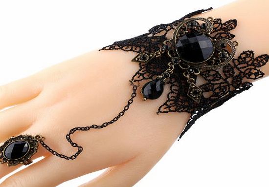YAZILIND  Black Lace Bracelets with Ring Lolita Acrylic Beads Pendant Chain Metal Wedding Party for Women