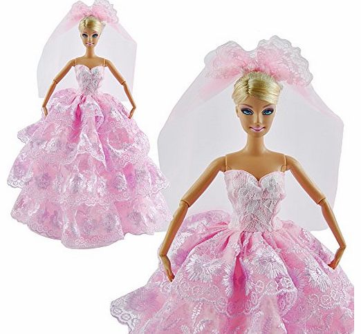 Handmade Party Clothes Pink Dress Wedding Princess Gown For Barbie Doll