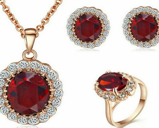 Yoursfs Kate Middleton Style Red Crystal Jewelry Sets 18k Rose Gold Plated Ruby Pendant Necklace and Stud Earring and Rings