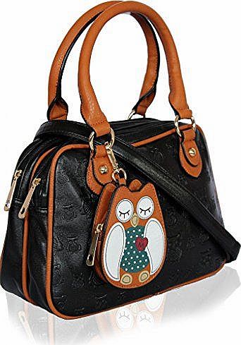 Pattern Faux Leather Designer Boutique Totes Handbag with Owl Coin Pouch -BLACK