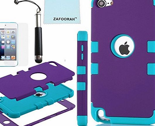 ZAFOORAH Case Cover fits Apple iPod Touch 5 5th Generation Shock proof Impact Defender  Free Stylus Screen Protector Microfiber Cloth (Double Clip 3 Layers - BLACK/LIGHT BLUE)