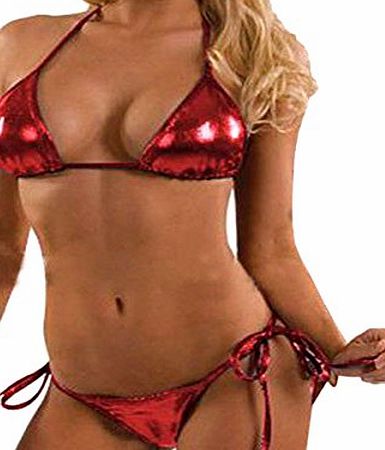 ZANZEA Womens Sexy Shiny Metallic Babydoll Lingerie Bra   G-string Beachwear Red