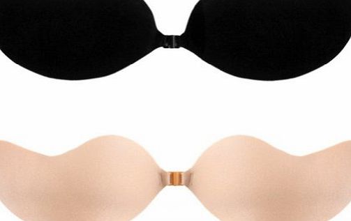 Women Self-adhesive Push up Silicone Bust Front Closure Strapless Invisible Bra (C-D Cup, Black)
