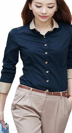 Zehui Womens Career Lapel Long Sleeve Splicing Button Down Shirt Blouse Tops Blue UK14