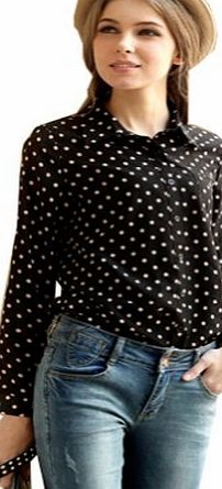 Zehui Womens Lapel Polka Dot Button Shirt Chiffon Tops Long Sleeve OL Blouse Black UK14