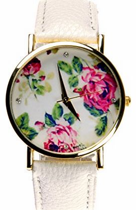Womens Vintage Floral Print Quartz Wrist Watch White Rose Flower Leather Strap